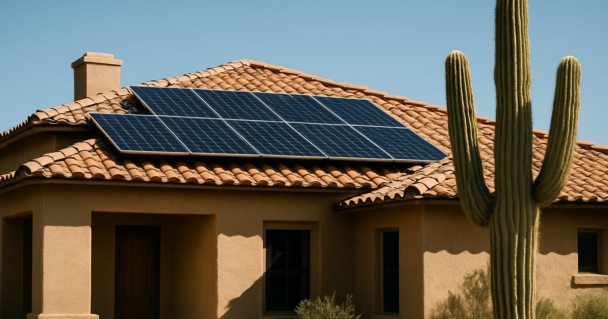 Solar panels on a desert-style home rooftop in Arizona under intense sunlight