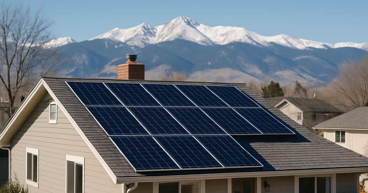 Solar panels on a home rooftop in Colorado with mountains in the background