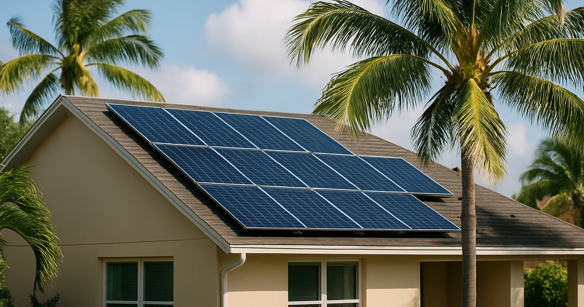 Solar panels on a home rooftop in Florida with palm trees nearby